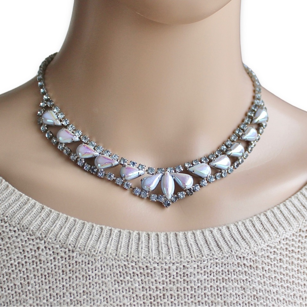 Vintage Iridescent Lucite Blue Rhinestone Collar Necklace Aurora Borealis 1950s